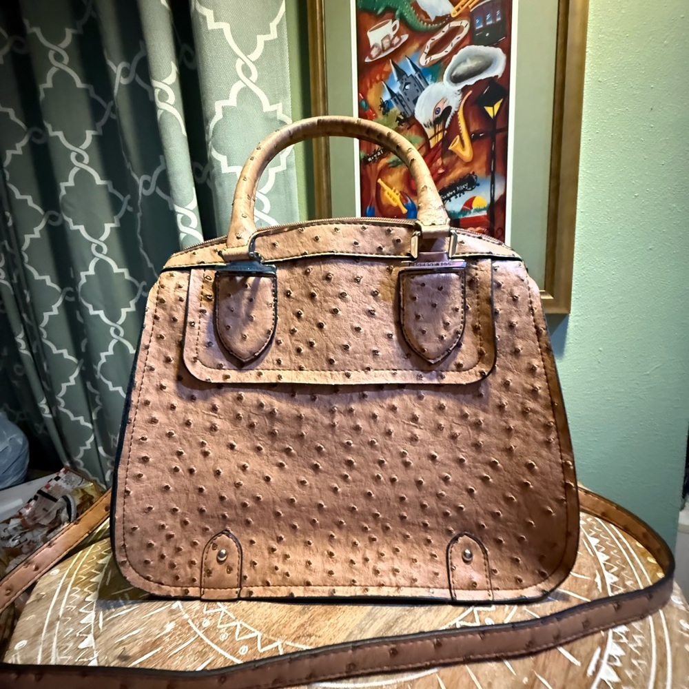 London Fog Brown Ostrich-Embossed Satchel Bag, often named "Lark"